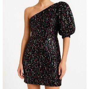 SABINA MUSAYEV Women's Sequined One Shoulder Puff Sleeve Sparkly Mini Dress-Sz M